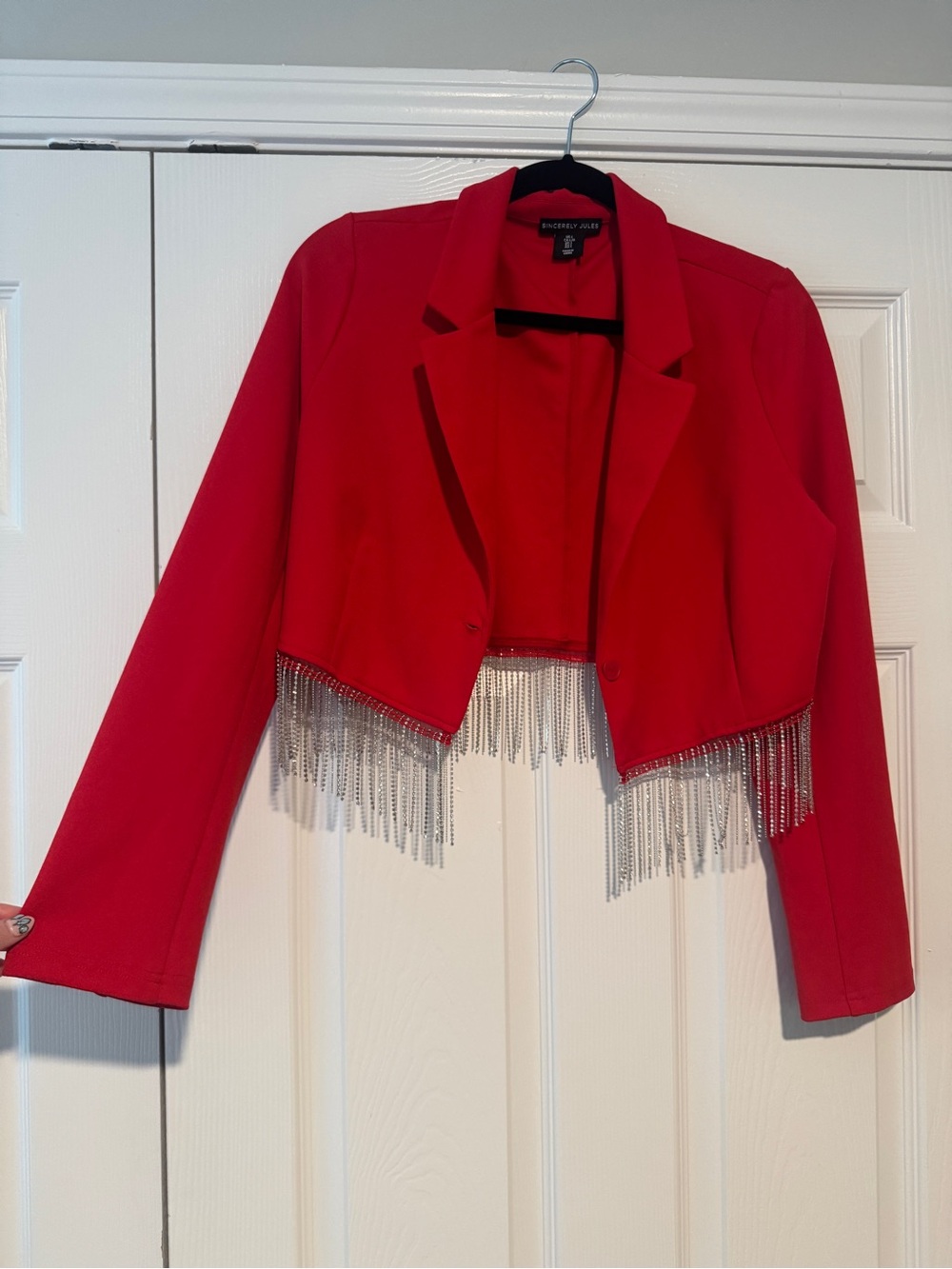 Red Cropped Fringe Blazer Jacket